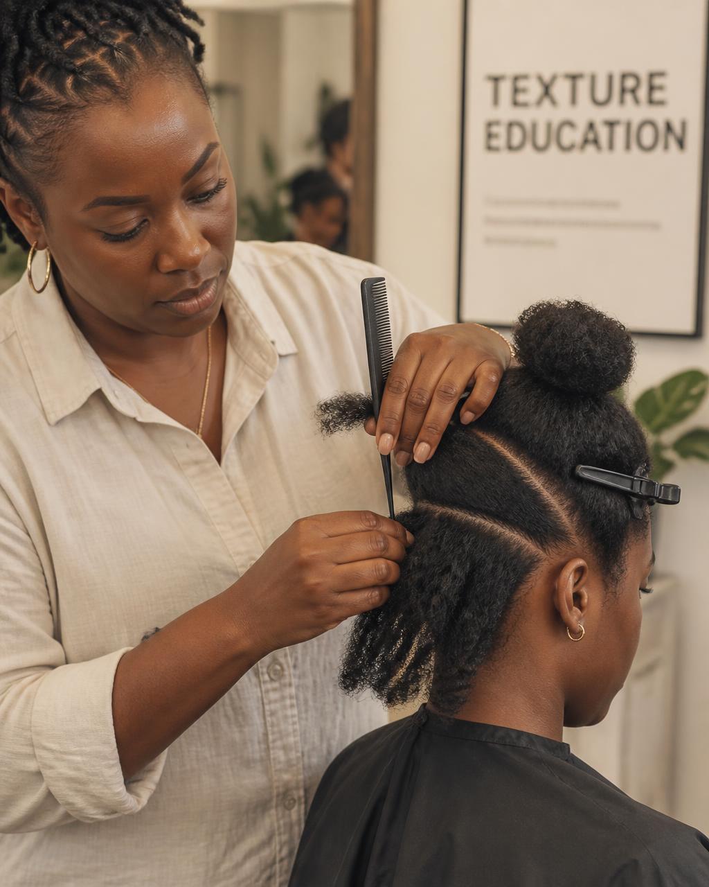 A beauty professional sectioning hair with precision during instruction